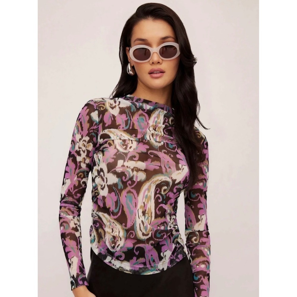 Fifteen Twenty Khami Purple Paisley Mesh Cowl Neck Long Sleeve Top Large